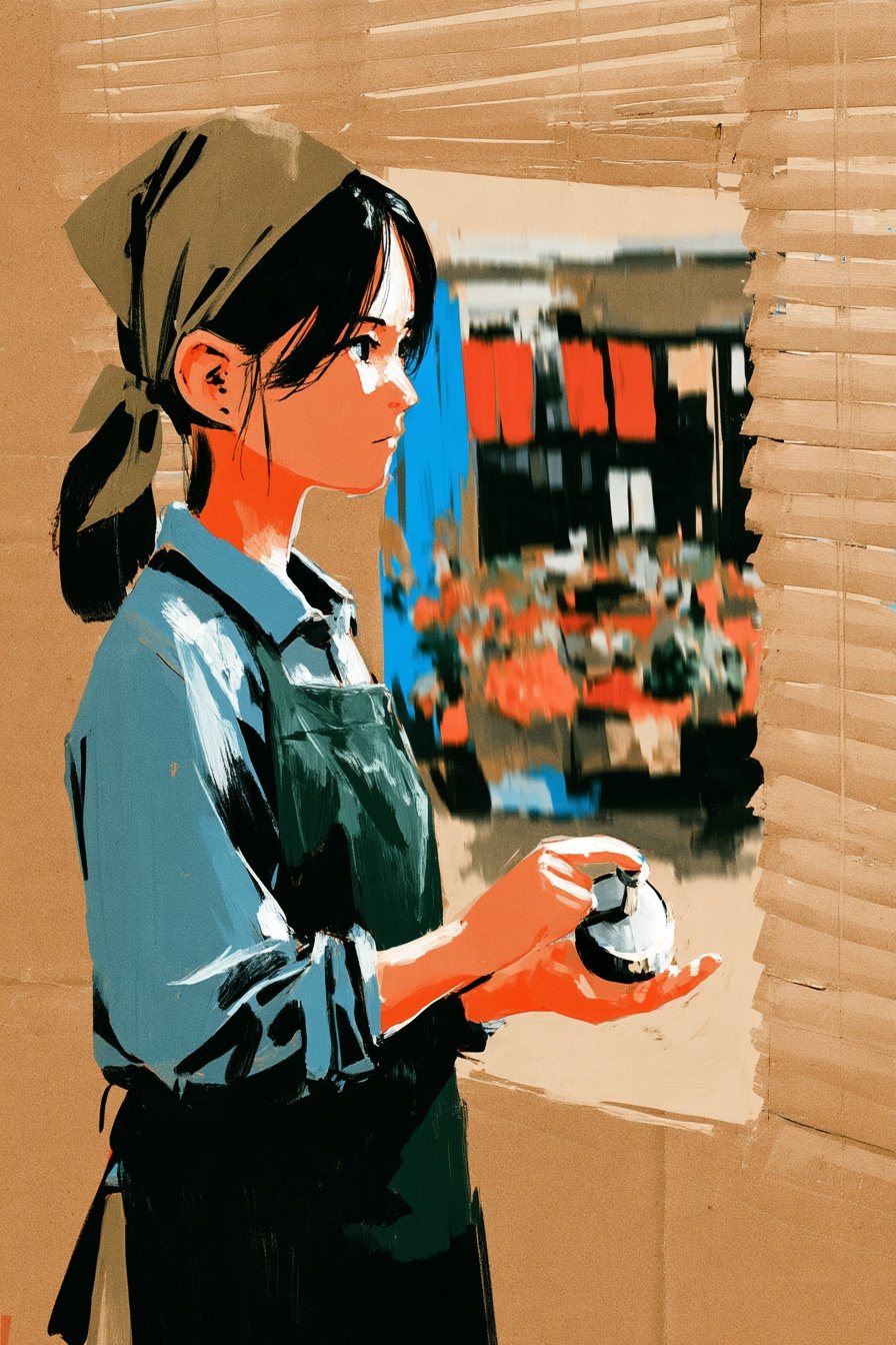 スーパーの事務所のブラインドの窓の前。緑のエプロンと三角巾の若い女性が、窓の外の向かいの八百屋の方を見ながら、手の中の数取器を親指で押している。