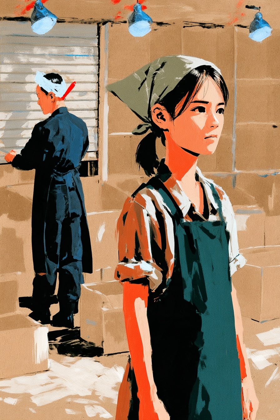 夕方の白っぽい光の八百屋の店先。段ボールの箱は空になり、左の奥で、背の高い女性の店主がこちらに背を向けてシャッターに手をかけている。右の手前で、三角巾とエプロンのままの若い女性が立ち止まり、横を見ている。