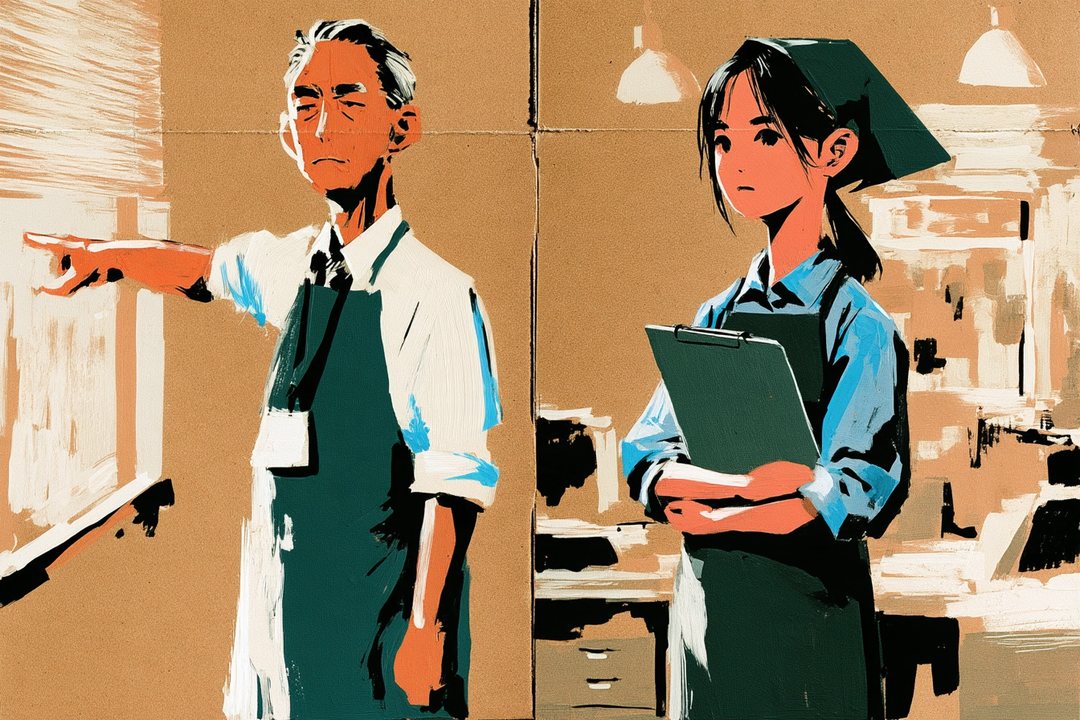 スーパーの狭い事務所。左で、疲れた顔の40代の店長が窓の外の八百屋を指さしている。右で、緑のエプロンの若い女性がバインダーを胸に抱えて立っている。