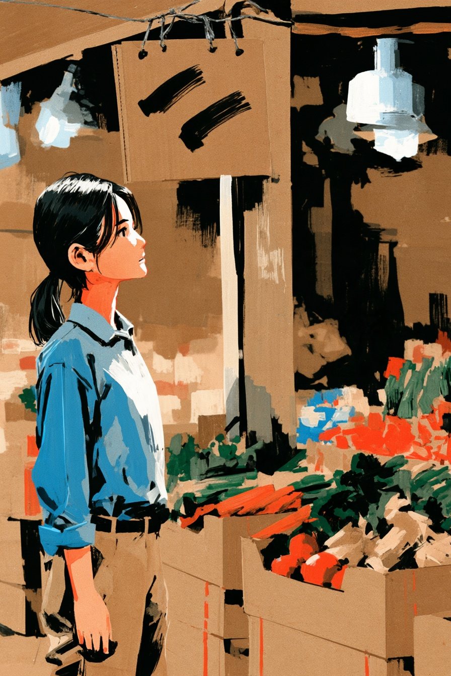 八百屋の店先の柱の上に、段ボールを切った手書きの札が下がっている（黒い太いマーカーの線だけで、読める字は無い）。エプロンを外した若い女性が、その札の前で立ち止まって見上げている。