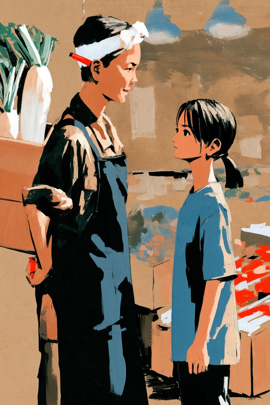 店の奥から、背の高い女性の店主が大根の段ボールを肩にかついで出てくる。タオルの鉢巻き、作業着に紺の前掛け、耳に赤いマーカー。左の店主が、右の小柄な若い女性を見下ろしている。