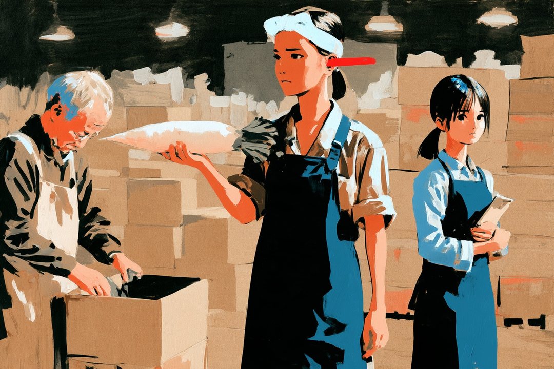 場内の仲卸の店の並び。段ボールの箱が積まれた店先で、左の前掛けの年配の男が大根の箱を開けて見せている。真ん中で背の高い女性の店主が大根を1本持ち上げて重さを見る。右の奥で、若い女性がメモ帳を握って立っている。白い照明。