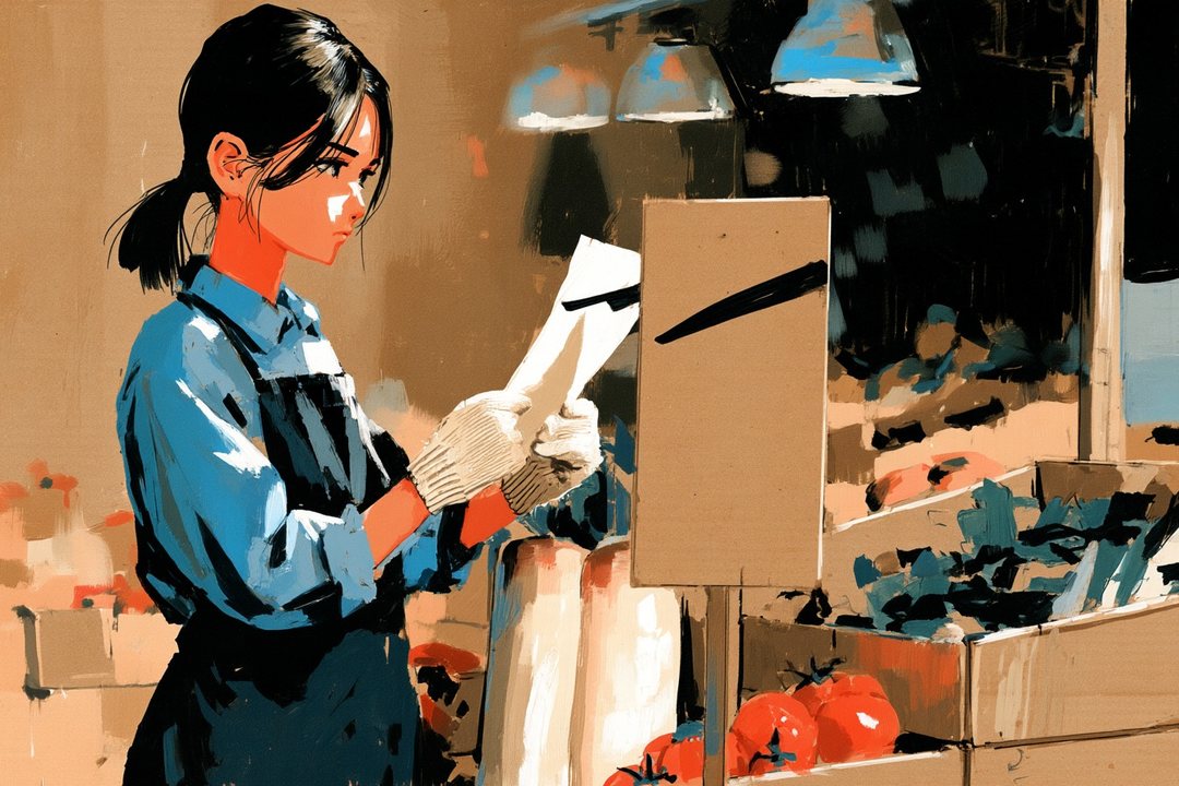 八百屋の店先で、若い女性が、自分の店の値段の控えの紙(読める字は無い)を、段ボールの手書きの値札の横にかざして見比べている。真剣な横顔。