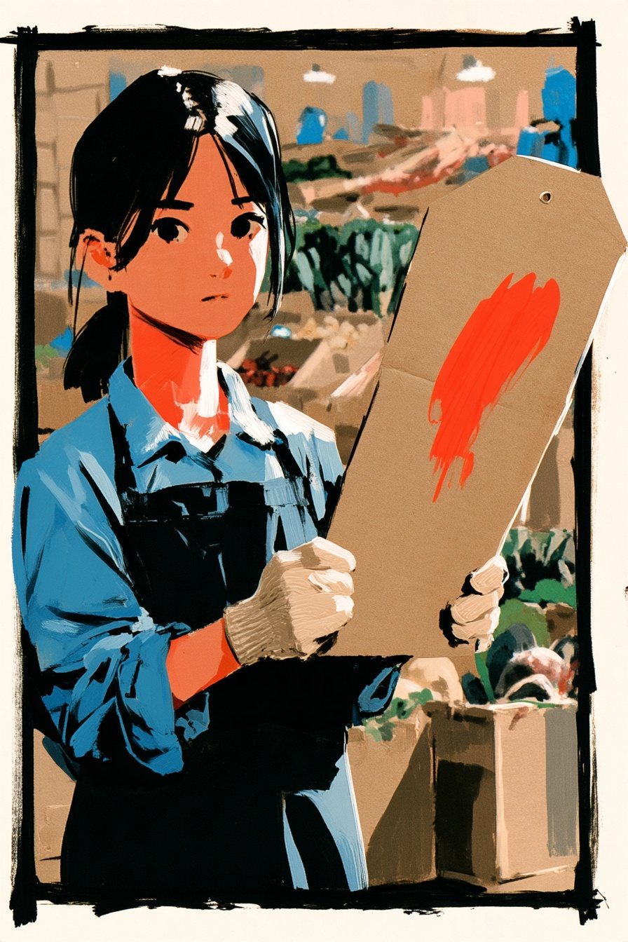 若い女性の寄り。手渡された段ボールの大きな値札(赤いマーカーの跡)を軍手の手で持ち、まっすぐ前を見ている。値札の段ボールの角が、絵の枠の右の線を割って外へ飛び出している。