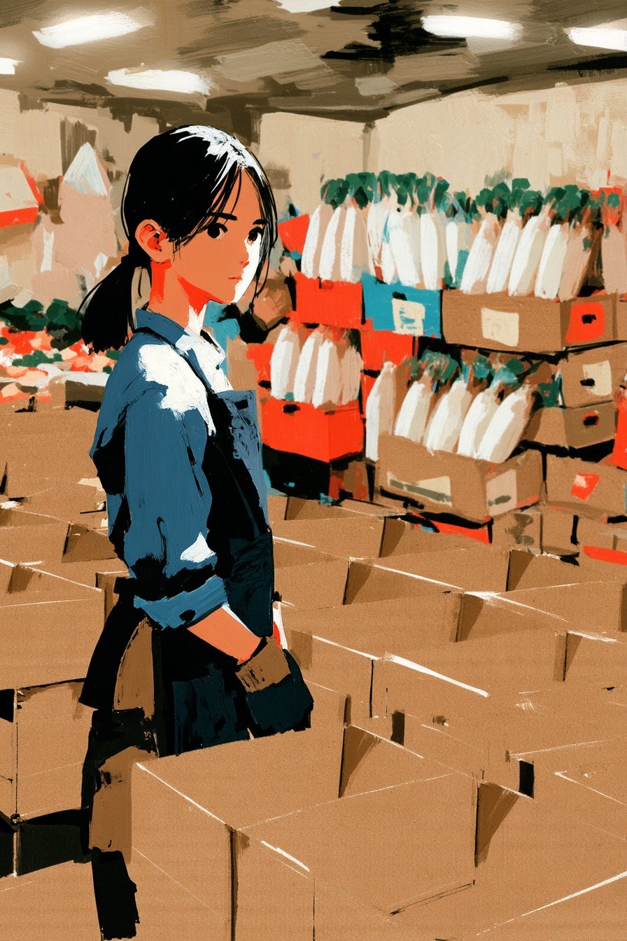 夕方の八百屋。店先の段ボールの棚は空になっている。でも店の奥の土間に、大根の段ボールの箱がまだ何箱も積んである。手前に、空の箱の間に立ち、横を向く若い女性。