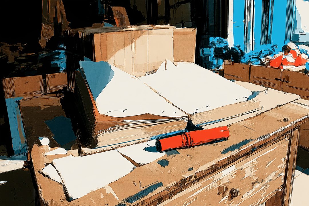 店の奥の古い机の上の帳面の寄り。開いたページの端に、鉛筆の小さな書き込み（読める字は無い、線だけ）。横に赤いマーカー。