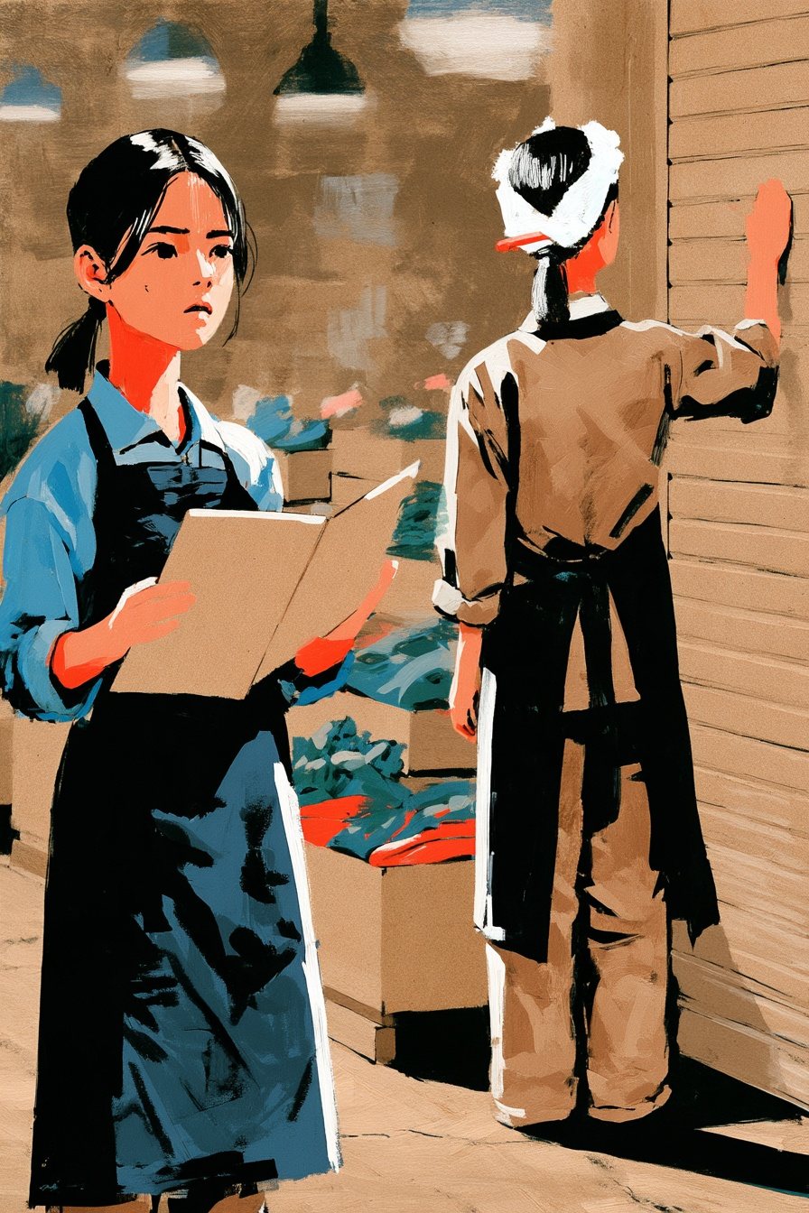 夕方の店先。右で、店主がシャッターに手をかけたまま背を向けている。左で、若い女性が帳面を持ったまま固まっている。