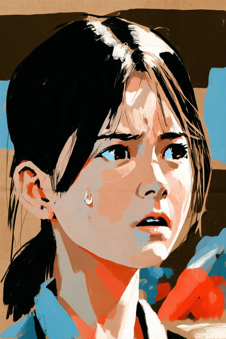 若い女性の寄り。顔から血の気が引き、こめかみに汗。目だけが店主の背中を追っている。