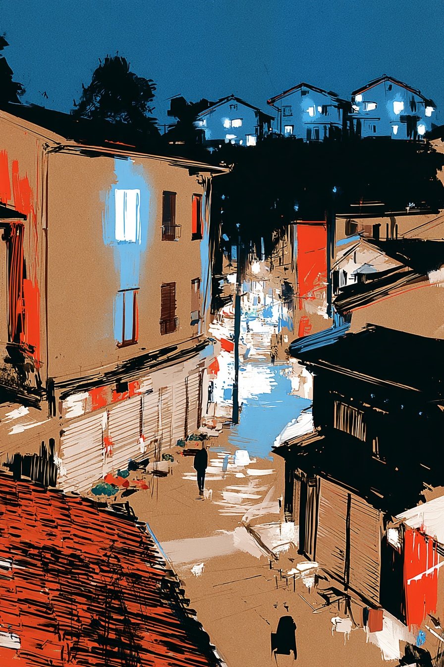 夜の商店街を上から見下ろす構図。左に、2階の窓だけが白く明るい建物。右に、灯りの消えた小さな店の並び。奥の坂の上に、団地の窓の灯り。