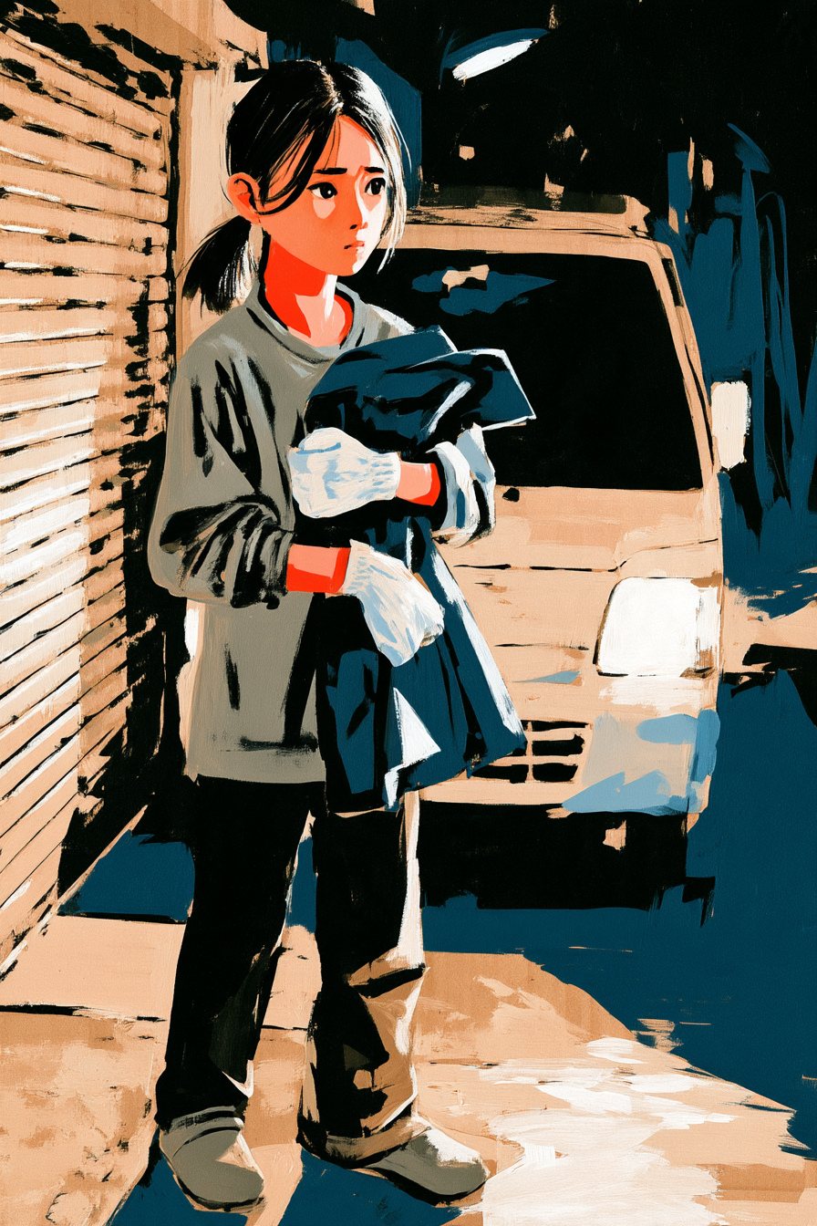 夜明け前の暗い商店街。シャッターの閉まった八百屋の前に、古い軽トラックが止まり、ライトが若い女性を照らしている。女性は紺の前掛けをたたんで胸に抱え、うつむいて立つ。