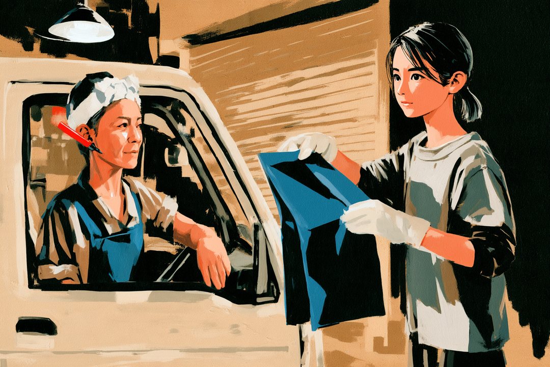 軽トラックの運転席で、タオルの鉢巻きの店主が窓に肘をかけて、外に立つ若い女性を見ている。若い女性は、たたんだ前掛けを両手で差し出している。