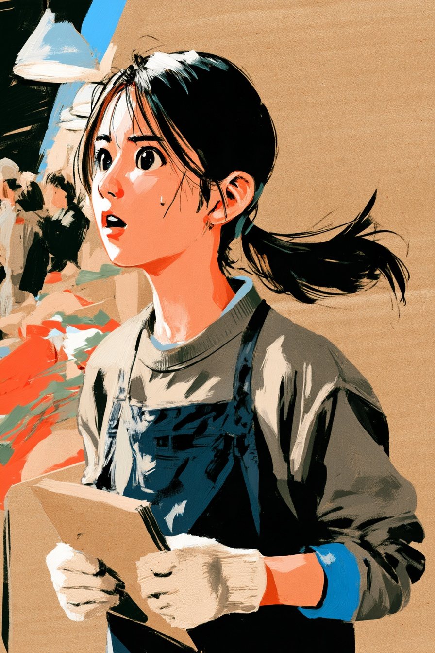 若い女性の寄り。目を丸くして、待っている人たちと奥の店とを見比べている。
