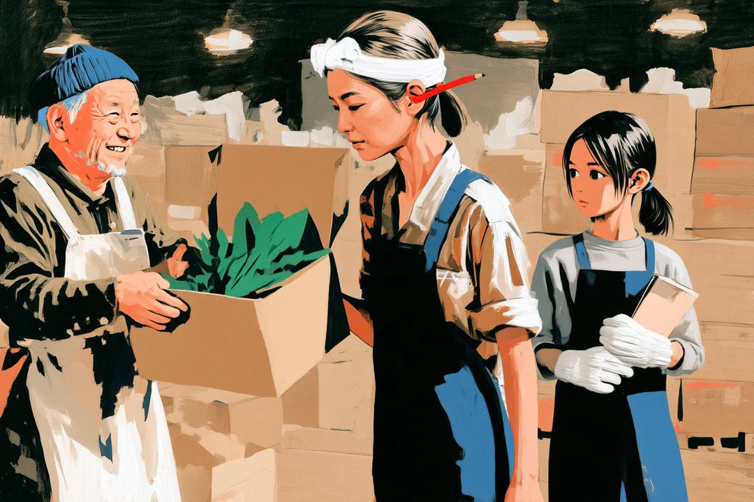 仲卸の店先。左の前掛けの年配の男が、つやのあるほうれん草の箱を開けて持ち上げる。真ん中で背の高い店主が身を乗り出してのぞき込み、右の奥で若い女性がメモ帳を握っている。白い照明。