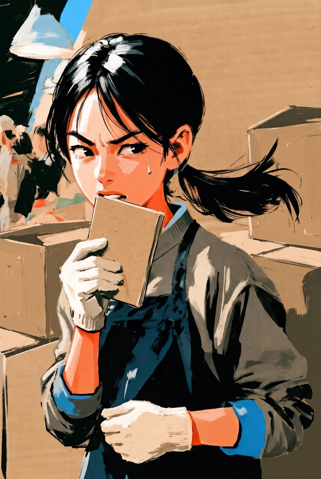若い女性の寄り。メモ帳を口元に当て、横目で年配の男と店主をうかがう。こめかみに汗。目を細めて疑っている。