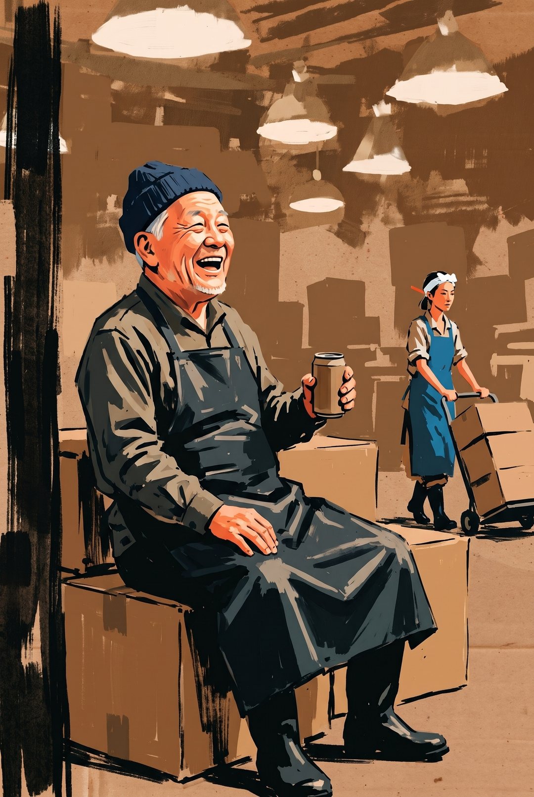 仲卸の店の奥。年配の男が段ボールの箱に腰かけ、缶コーヒーを手に目尻にしわを寄せて笑う。奥の通路を、背の高い店主が台車に箱を積んで別の店へ歩いていく（小さく）。