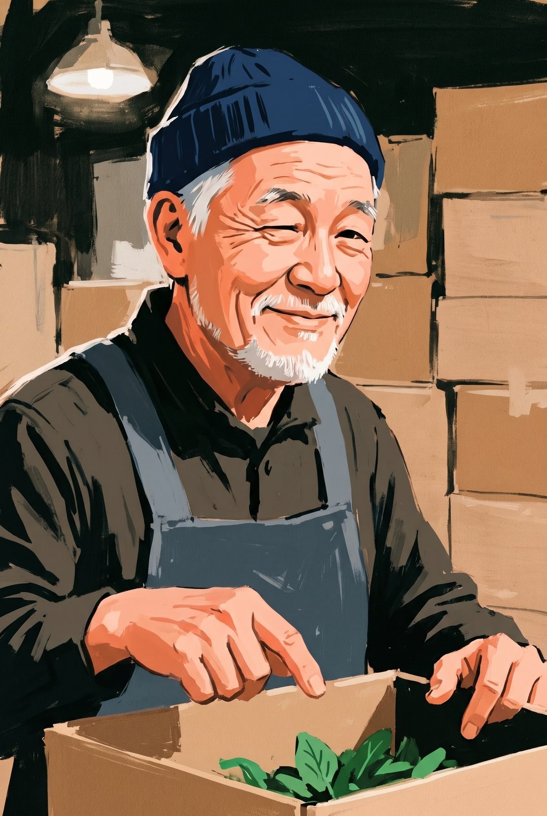 年配の男の寄り。片目をつぶって笑い、ほうれん草の箱を指で軽くたたく。後ろに市場の白い照明。