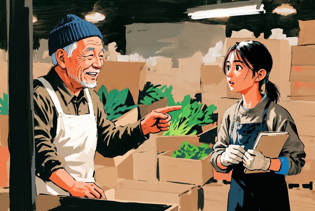 仲卸の店先。左の年配の男が、笑いながら右の若い女性へ人差し指を向ける。若い女性はメモ帳を胸に抱えて、目を丸くしている。