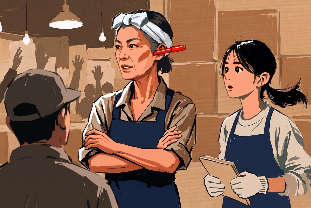 卸売場の端。腕を組んだ背の高い店主と、メモ帳を握った若い女性が並んで、せりの人だかりを見ている。店主は前を見たまま、女性は店主の横顔を見上げる。白い照明の逆光。