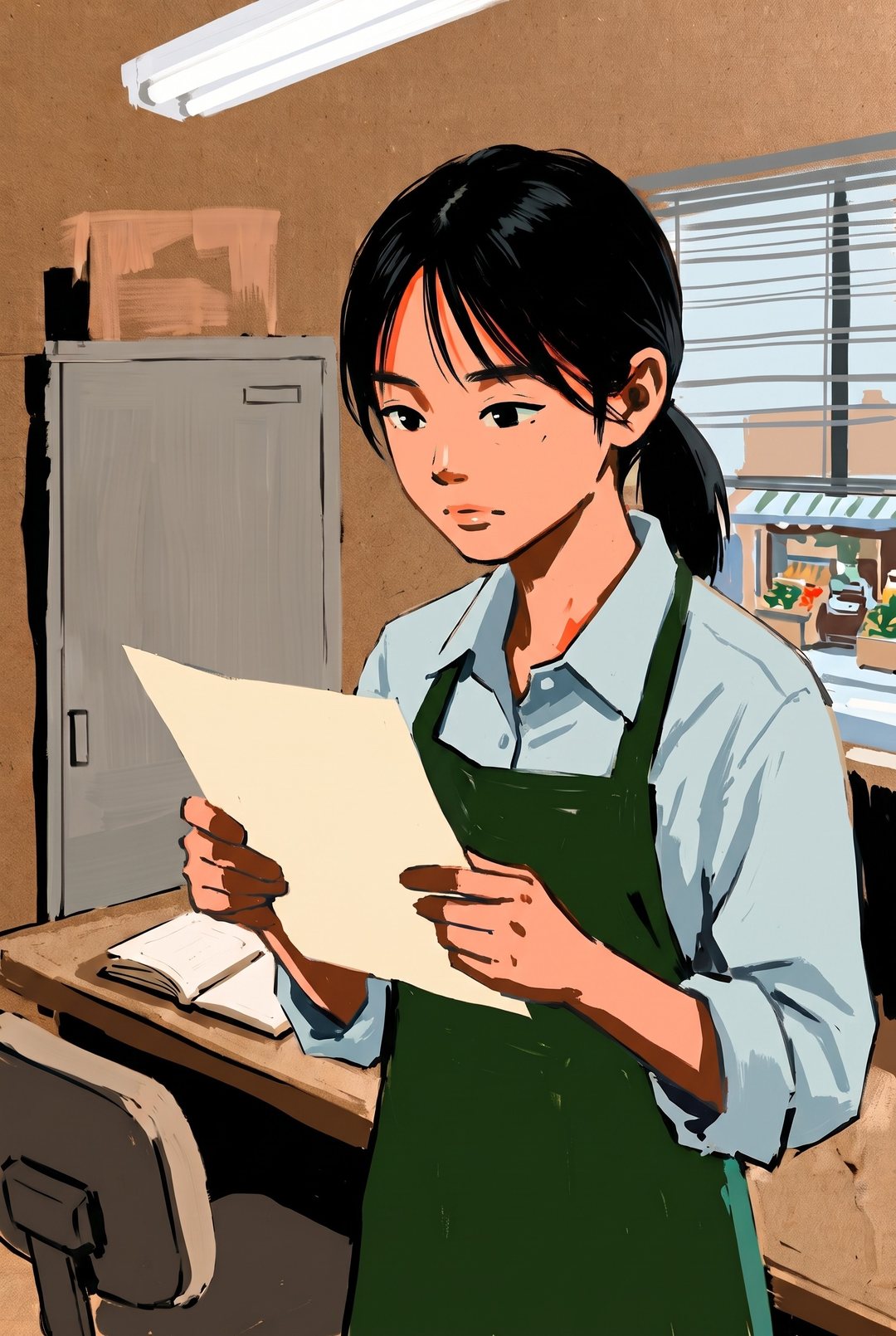 スーパーの小さな事務所の机。緑のエプロンの若い女性が、メモ帳を横に開き、報告の紙を両手で持って読み返している。口元が少しゆるむ。後ろのブラインドの隙間から、向かいの八百屋が小さく見える。白い蛍光灯。