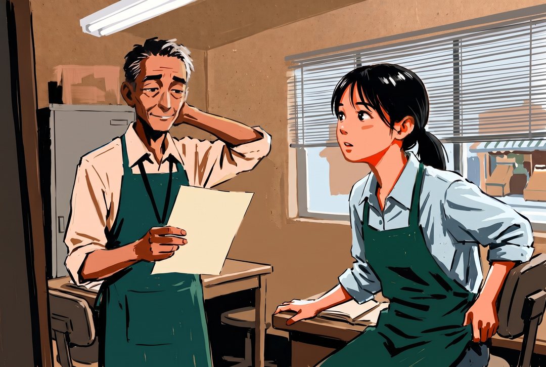 事務所。左で、疲れた顔の店長が報告の紙を片手で持って読み、もう一方の手で首の後ろをかいている。右で、緑のエプロンの若い女性が机に手をついて身を乗り出し、店長を見ている。