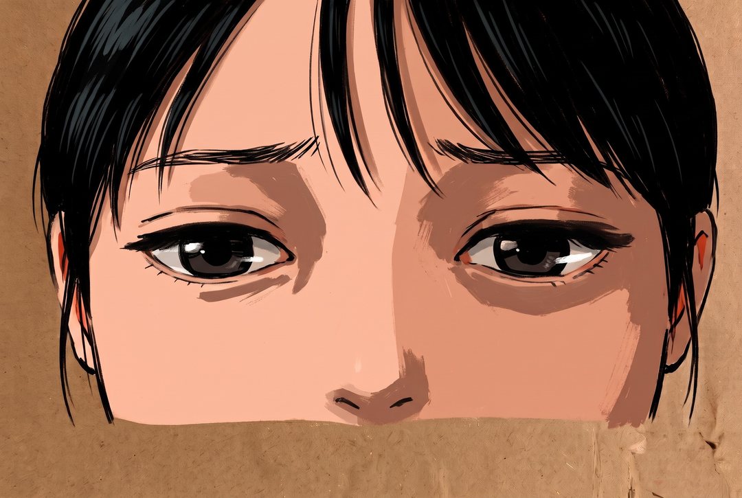 若い女性の目の寄り（細い帯）。見開いた目が、ゆっくり伏せられていく。