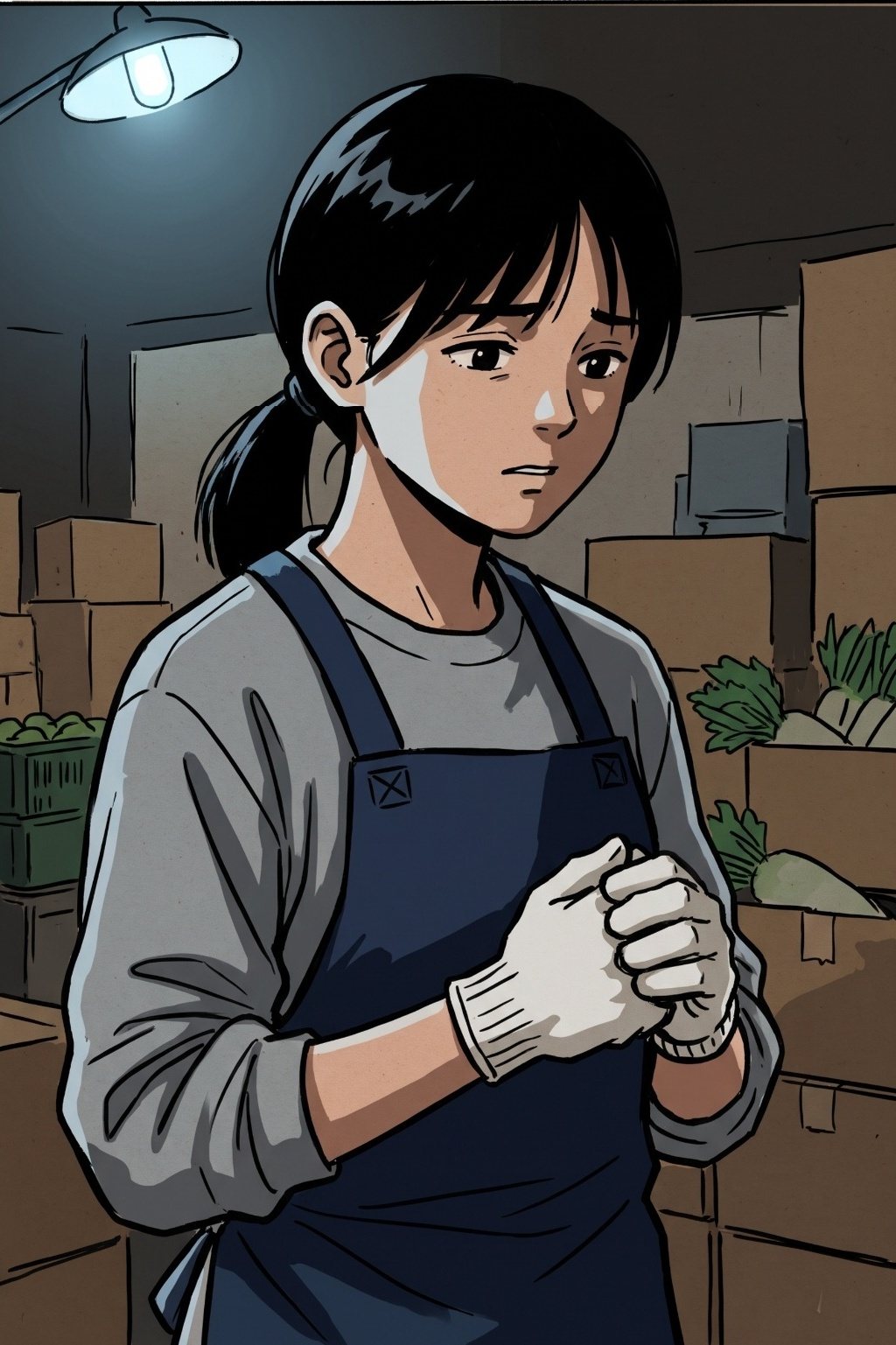 若い女性の寄り。うつむいて、軍手の両手を胸の前で握る。目が揺れている。青白い光が顔の半分に当たる。