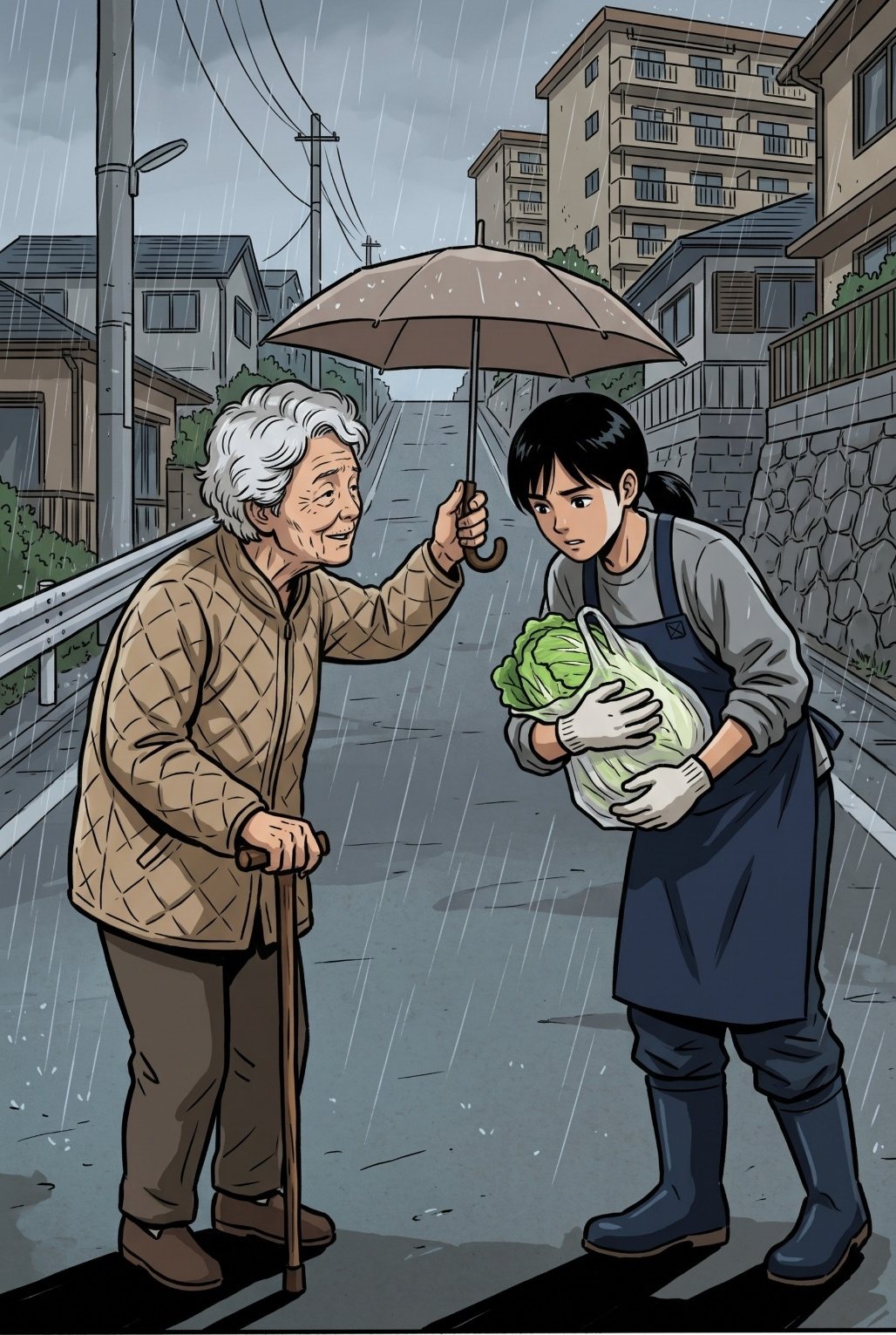 雨の坂道。白菜の入った重い袋を軍手の両手で抱えた若い女性に、隣の高齢の女性が傘を差しかける。坂の上に集合住宅の棟。