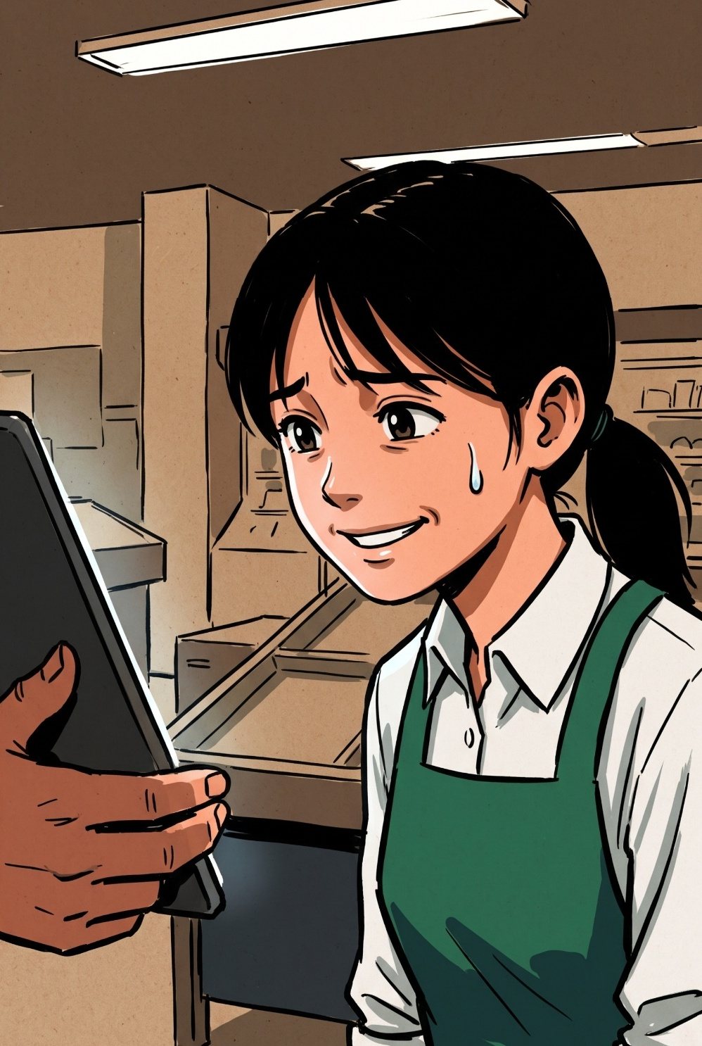 緑のエプロンの若い女性の寄り。タブレットの画面をのぞき込み、笑いが引きつって、眉が下がる。白い蛍光灯。