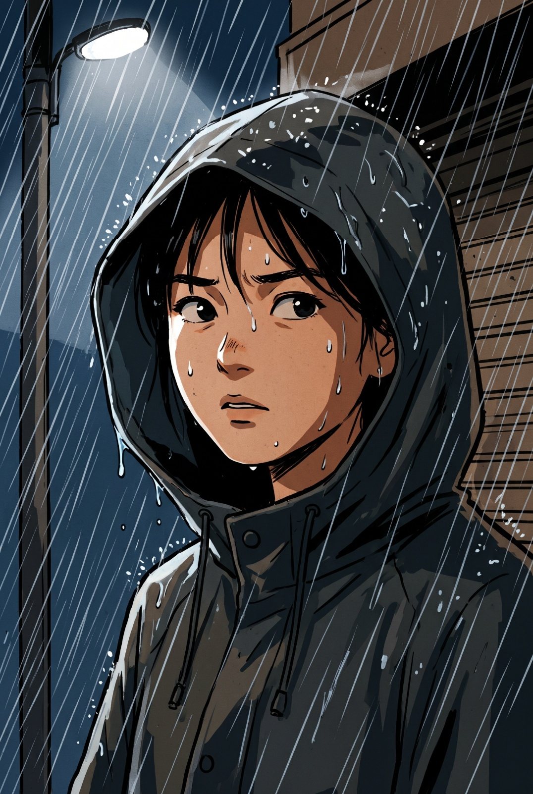 若い女性の寄り。雨合羽のフードから雨がしたたり、眉を寄せて店主の方を見る。