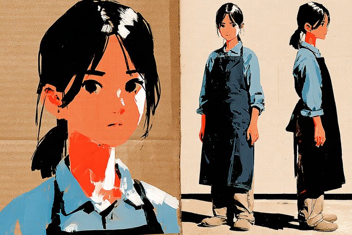 「この八百屋、なぜかつぶれない。」の小谷 菜摘の設定画（全身と顔）