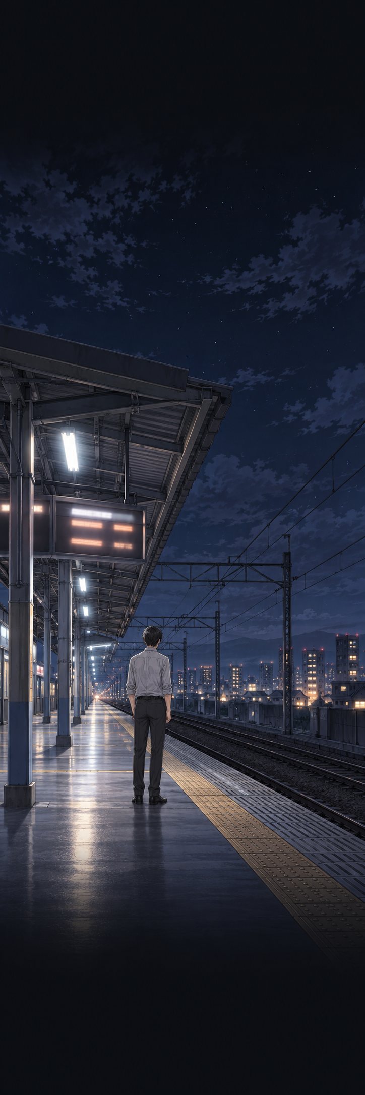 夜の駅のホーム。電光掲示板の下に、男が一人で立っている。