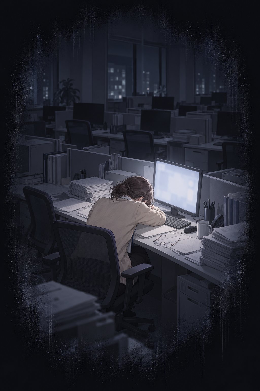 色の抜けた記憶。深夜のオフィスで、若い女性が机に突っ伏している。