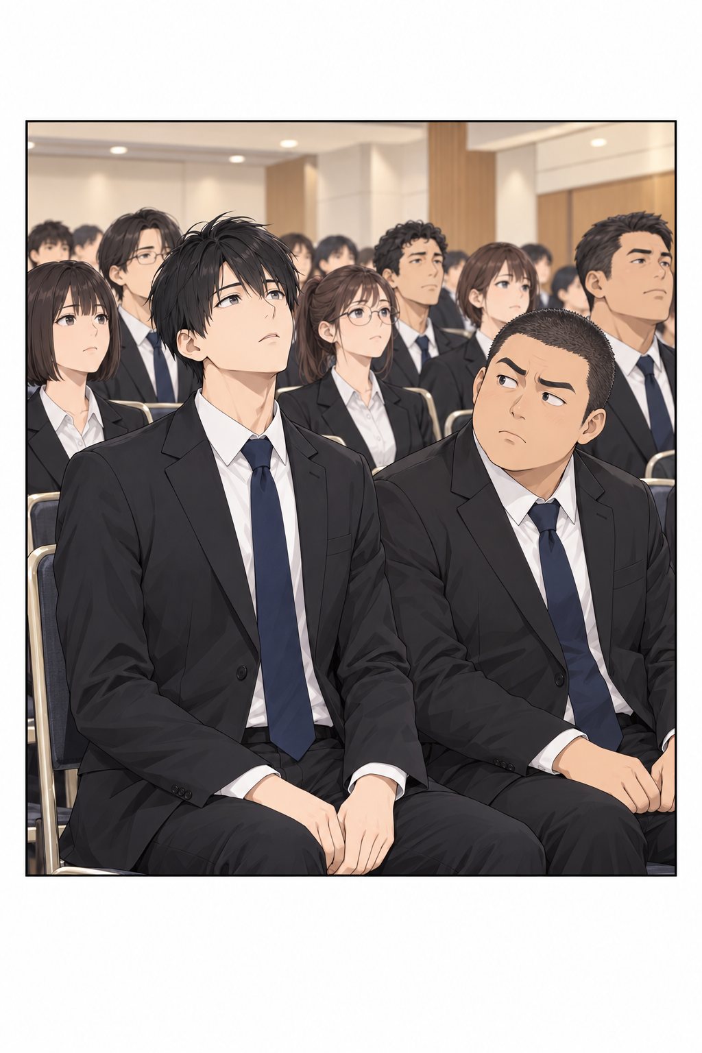 前を向いて並ぶ新入社員たち。律だけが空中を見上げ、隣の同期が不思議そうに見ている。