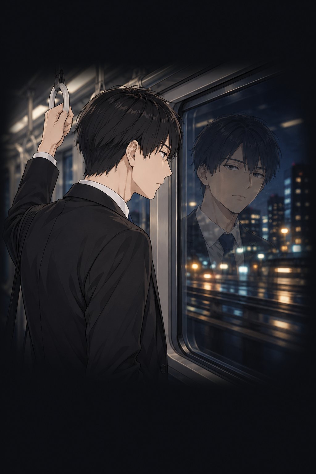 夜の電車。窓に若い律の顔が映る。