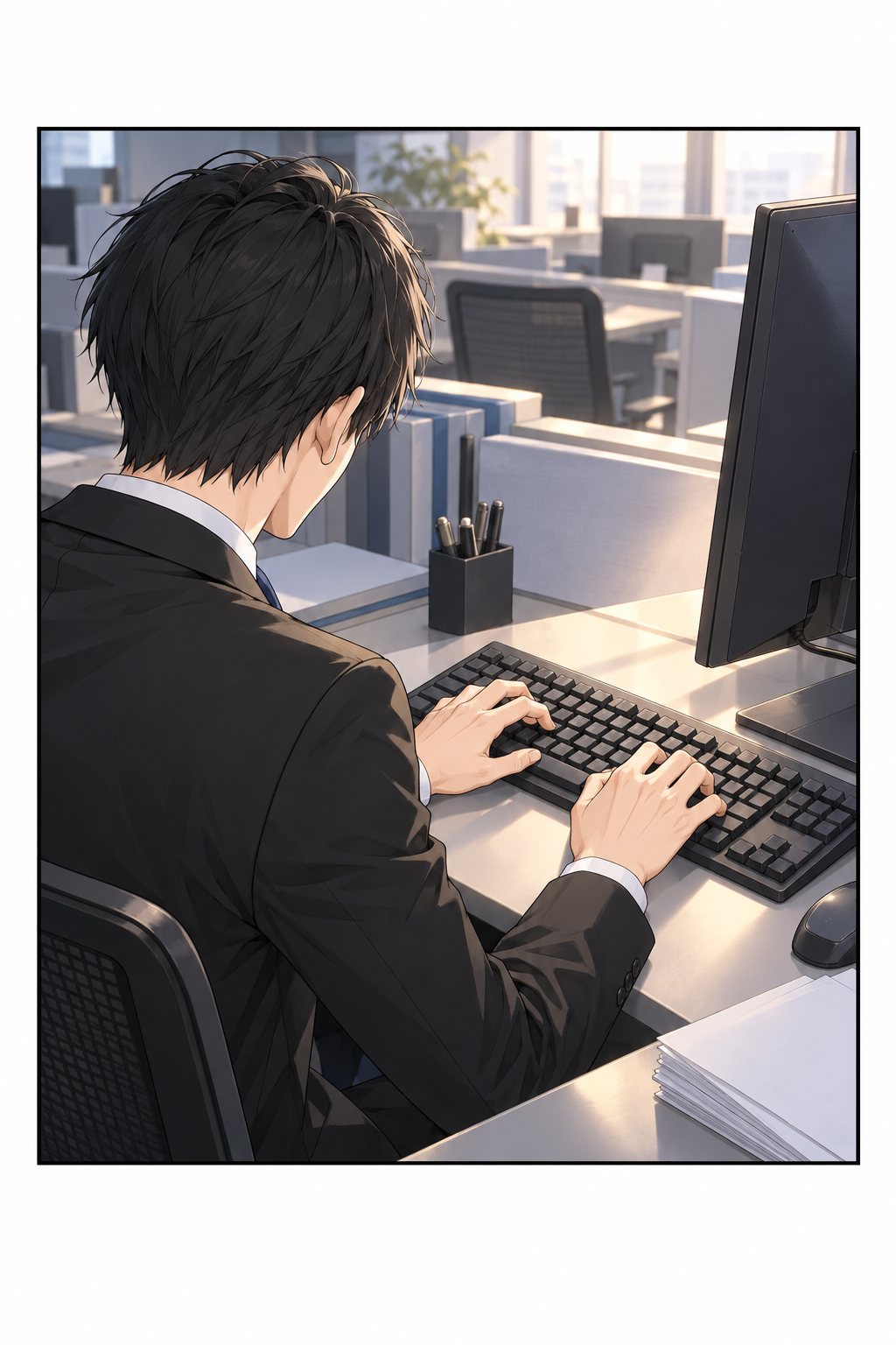 肩越しに見た律の手元。キーボードを打つ手。モニターは向こうを向いている。