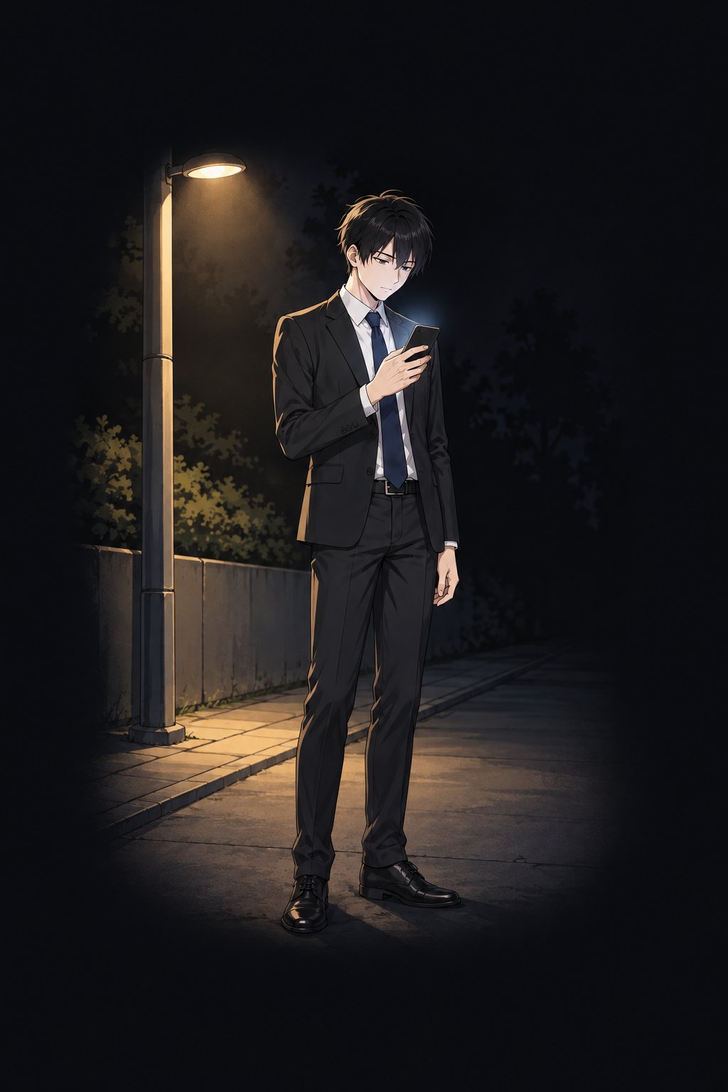 夜の歩道。街灯の下で、スマートフォンのカレンダーを見る律。