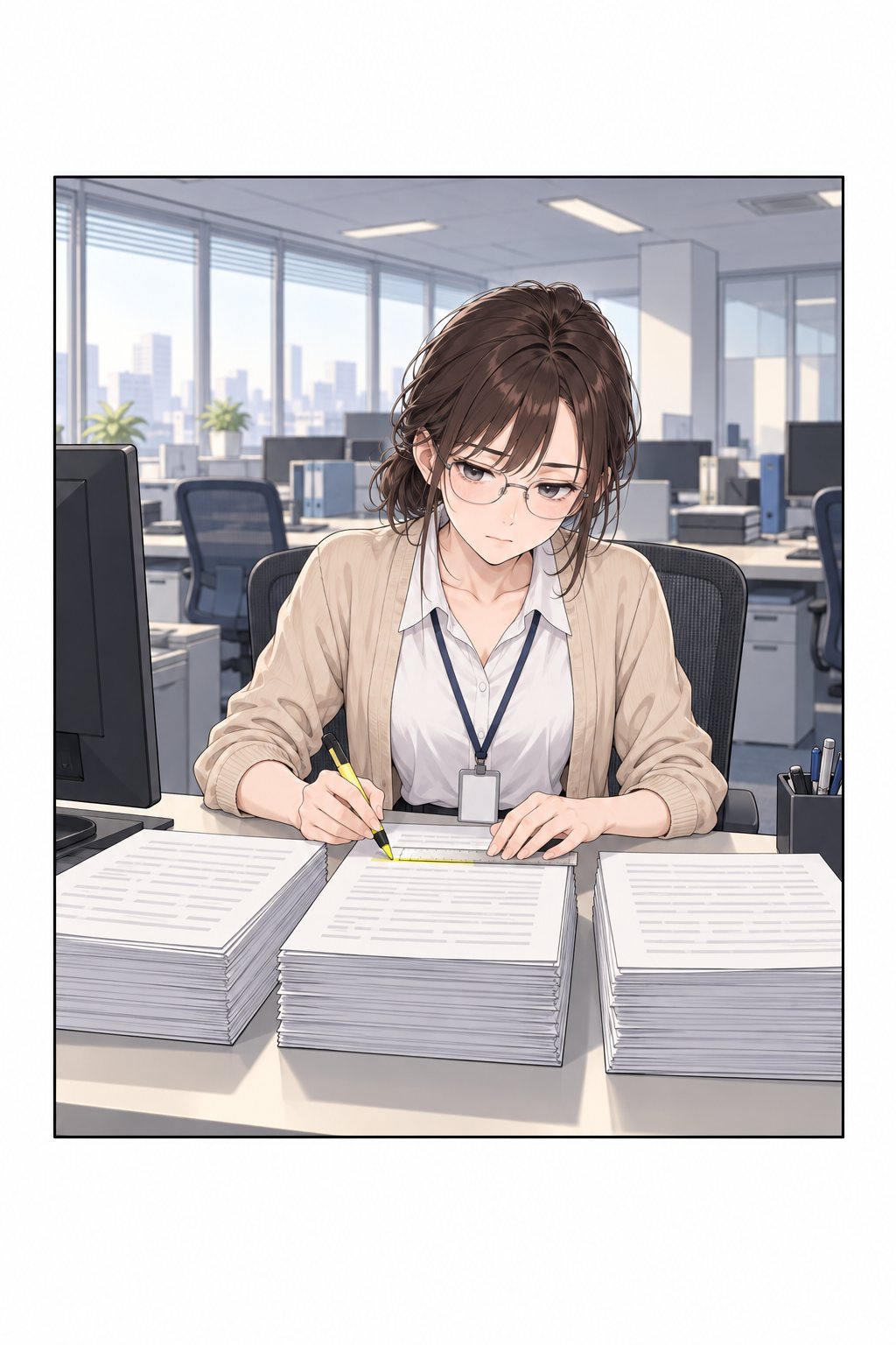 朝七時のフロア。宇佐美が三つの紙の束を並べ、定規と蛍光ペンで一行ずつ照らし合わせている。