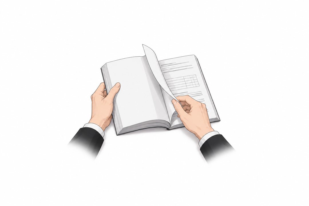 白い表紙の提案書をめくる律の手。