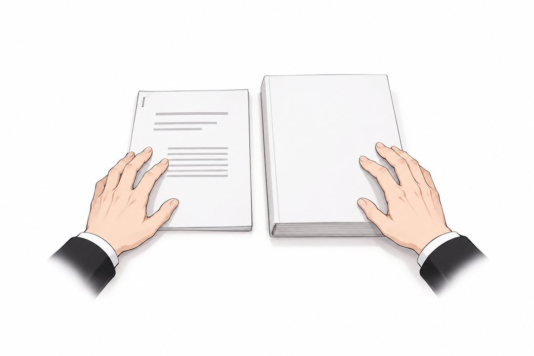 机の上に、2つの書類を左右に並べる律の手。片方は社内の報告書、片方は白い表紙の他社の提案書。