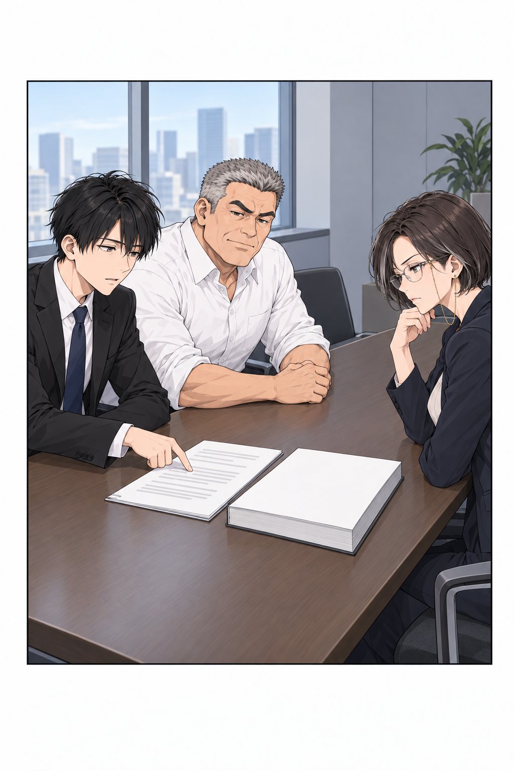 客先の会議室。律と鬼塚部長が並んで座り、向かいの黒川課長の前に2つの書類を置く。
