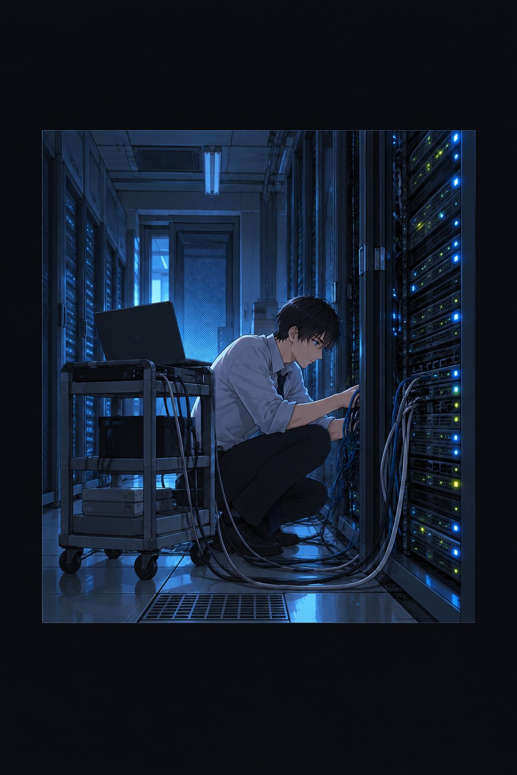 夜の小さなサーバー室。試験用の機械の前で、ノートパソコンを開いてしゃがみ込む律。画面は向こう向き。