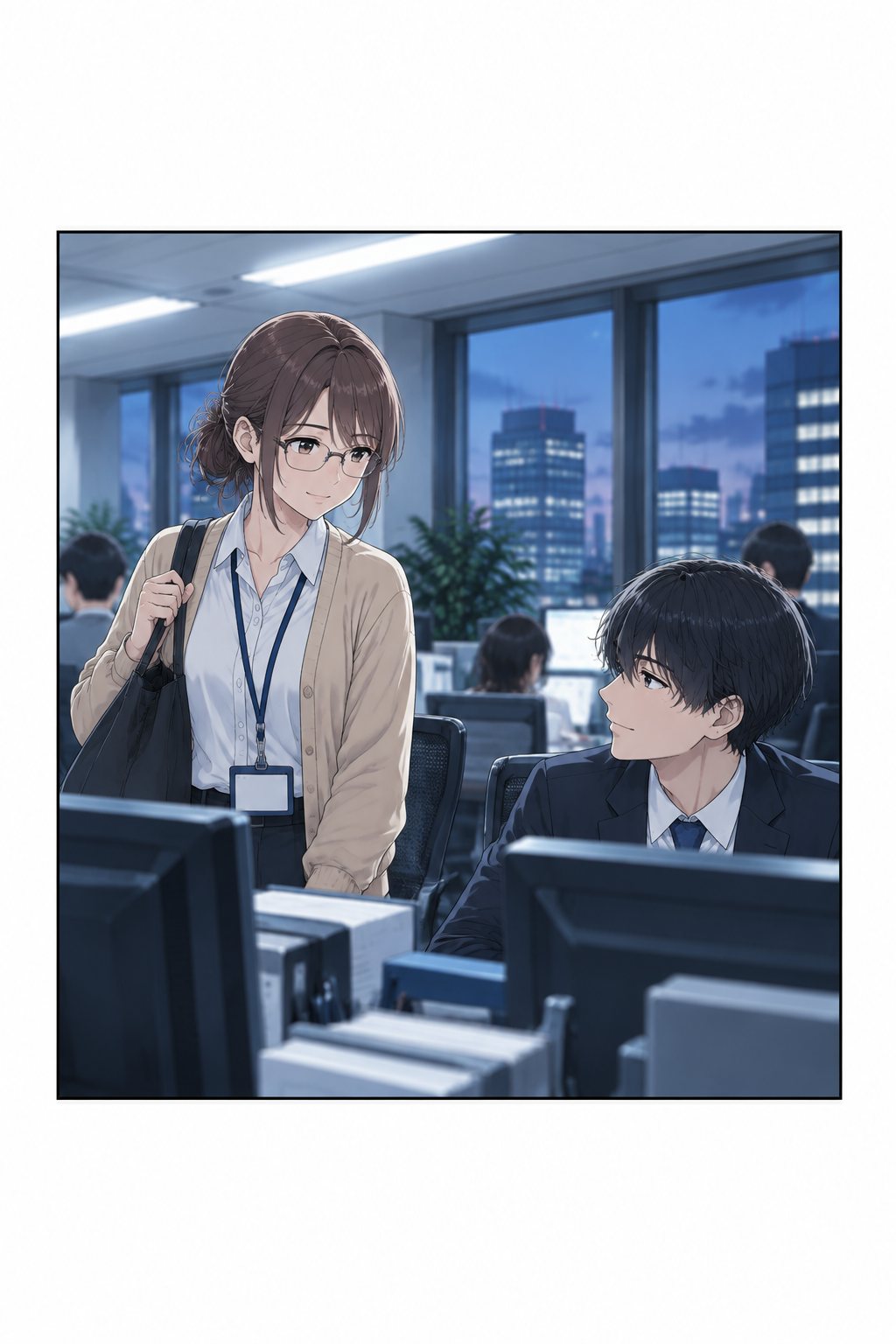 6月30日の夜。鞄を肩にかけた宇佐美が、律の机の横で少し笑う。