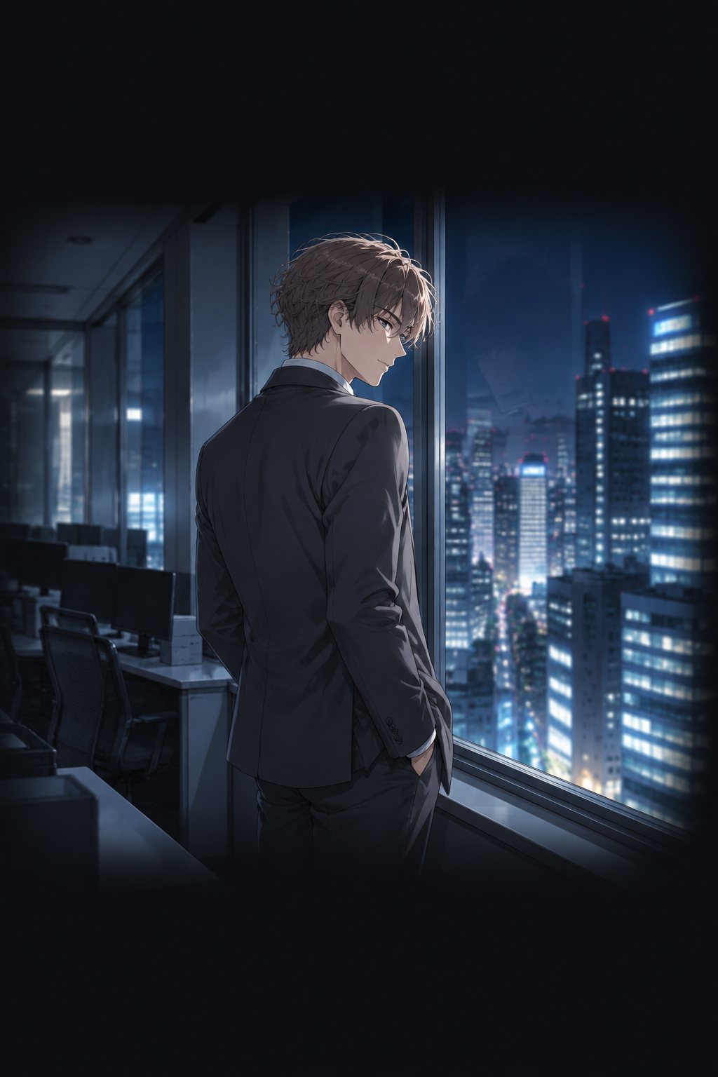 夜、別の会社の暗いオフィス。辻堂が窓の外の街を見下ろす。冷たい光が顔に当たる。