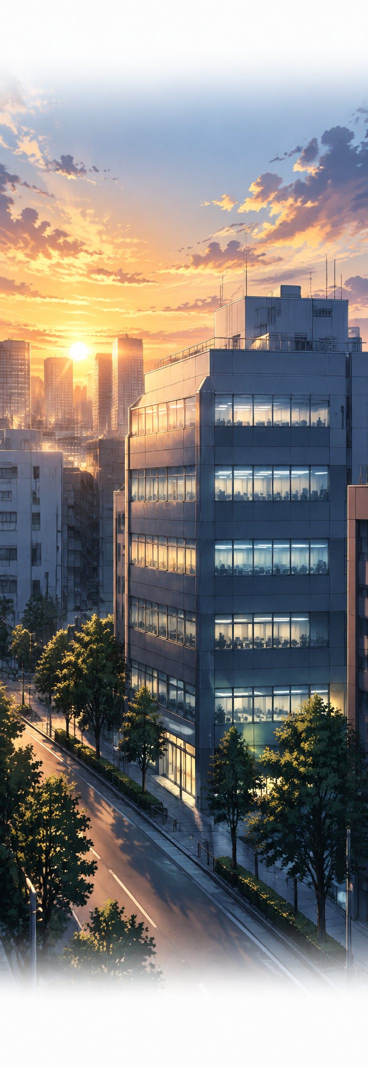 夜明け。朝日を受けた会社のビル。いくつかの窓に明かりがともる。