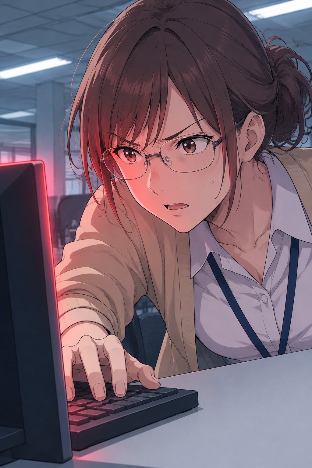 画面の警告の赤い光を顔に受け、椅子から腰を浮かせてキーボードに手を伸ばす宇佐美。