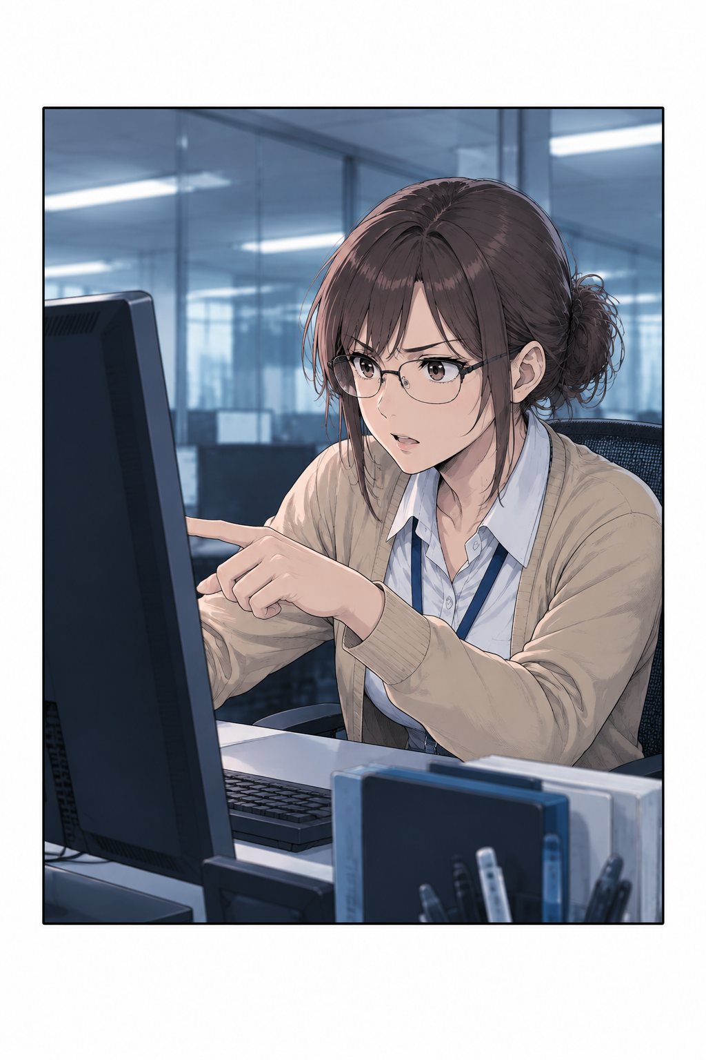 座ったまま、画面を指さして落ち着いて指示を出す宇佐美。ベージュのカーディガン。