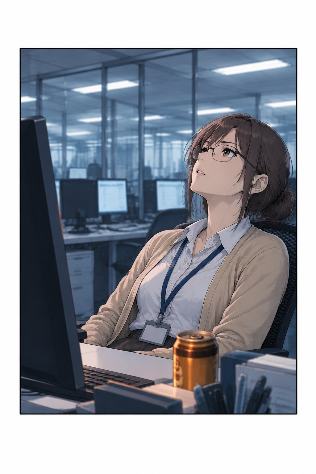 椅子に深く座ったまま、天井を見上げる宇佐美。机の上に、律が置いた温かい缶コーヒー。