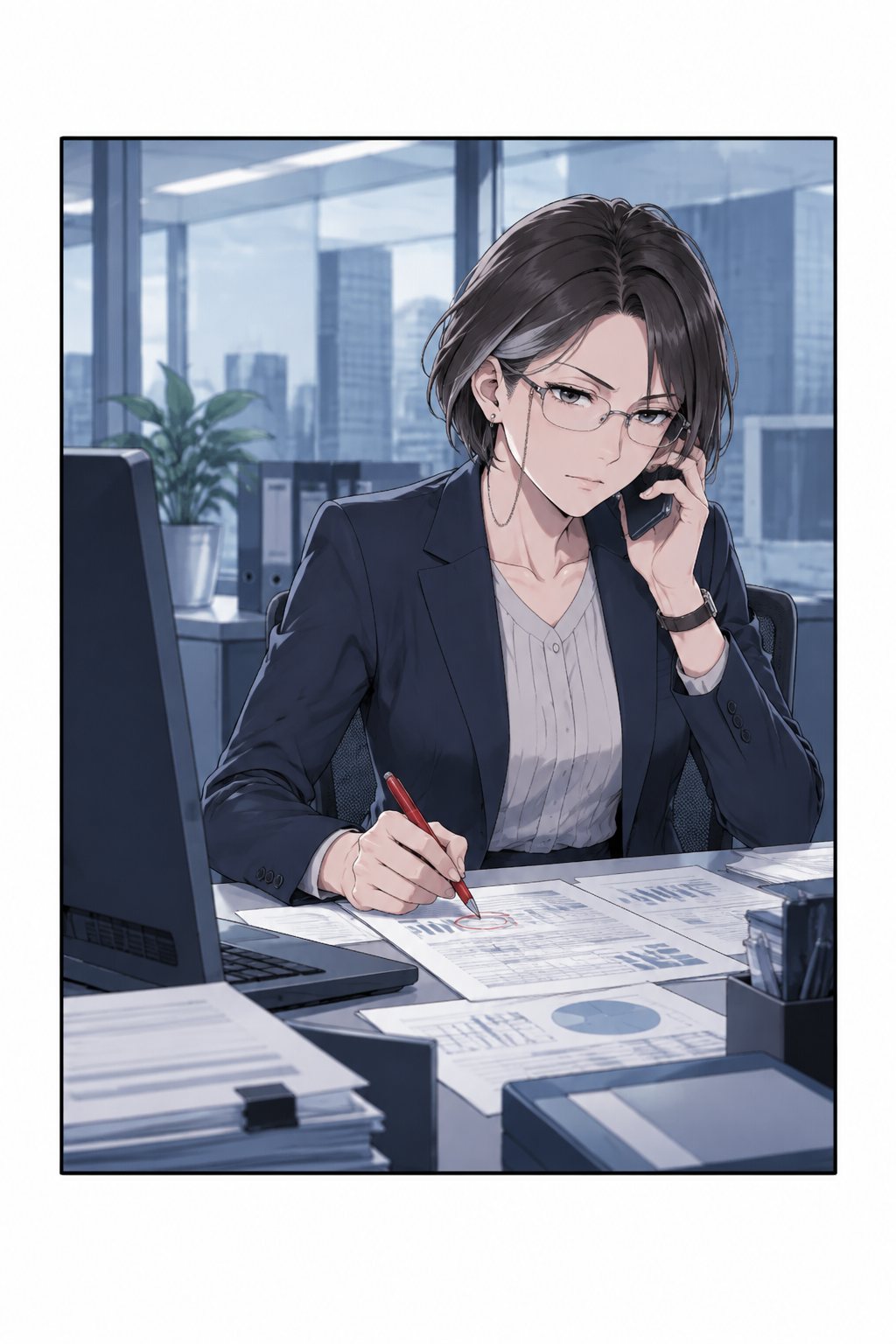 客先の物流会社の事務所。電話を耳に当て、手元の報告の紙に赤いペンで丸を付ける黒川課長。