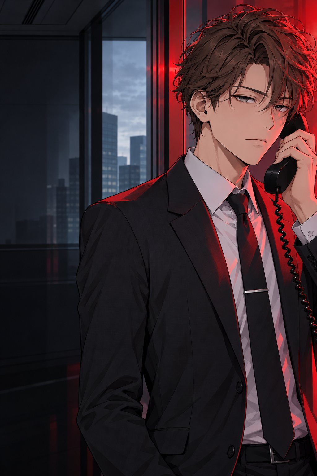 同じ事務所の窓際。受話器を耳に当てたまま、表情を消して立ち尽くす辻堂。赤い光が顔に当たる。