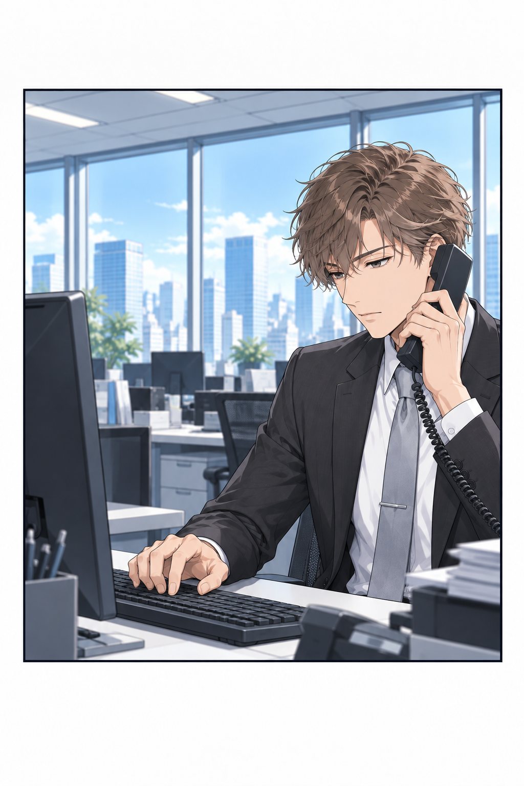 別の会社の事務所の窓際。受話器を耳に当てた辻堂が、片手でキーボードを叩く。窓の外は晴れた朝。